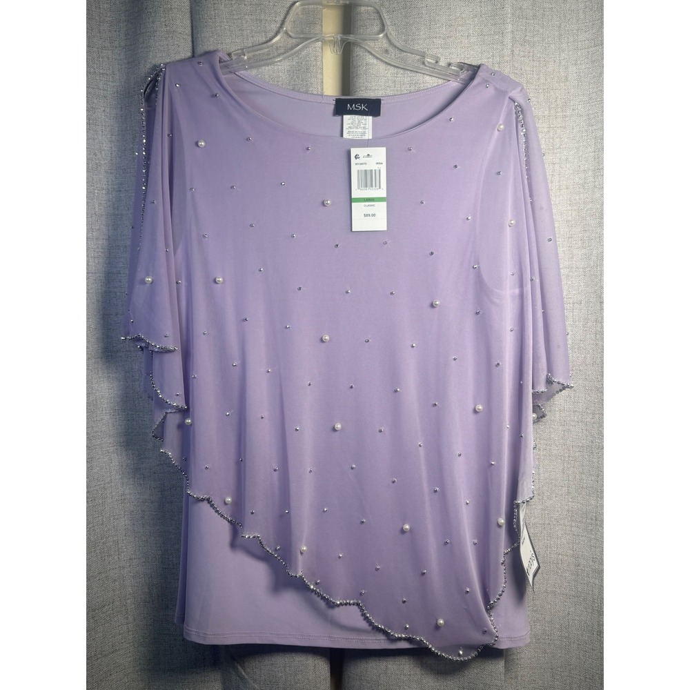 MSK Lavender Chiffon Cape Overlay Pearl Rhinestone Embellished Top Large NEW